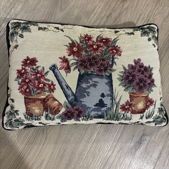 Needlepoint Tapestry Throw Pillow Watering Can Floral Spring 12x17 Easter Garden - Picture 1 of 12